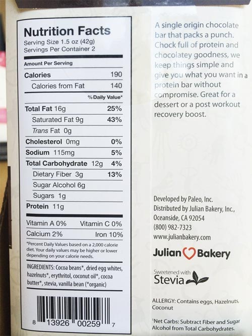 Paleo Chocolate Protein Bar Label