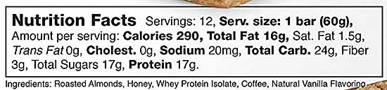 Coffee Bar Ingredients and Nutrition Label