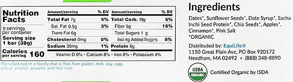 Equilife Bar Nutrition and Ingredient Label