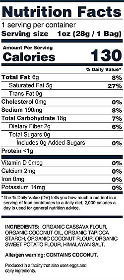 Paleo Puffs Nutrition and Ingredient Label