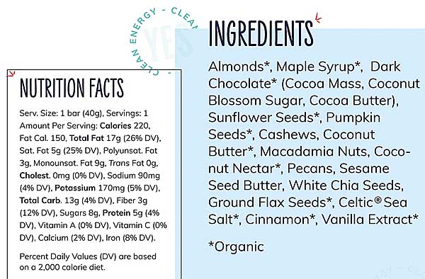 Yes Bar Ingredients and Nutrition Facts Label